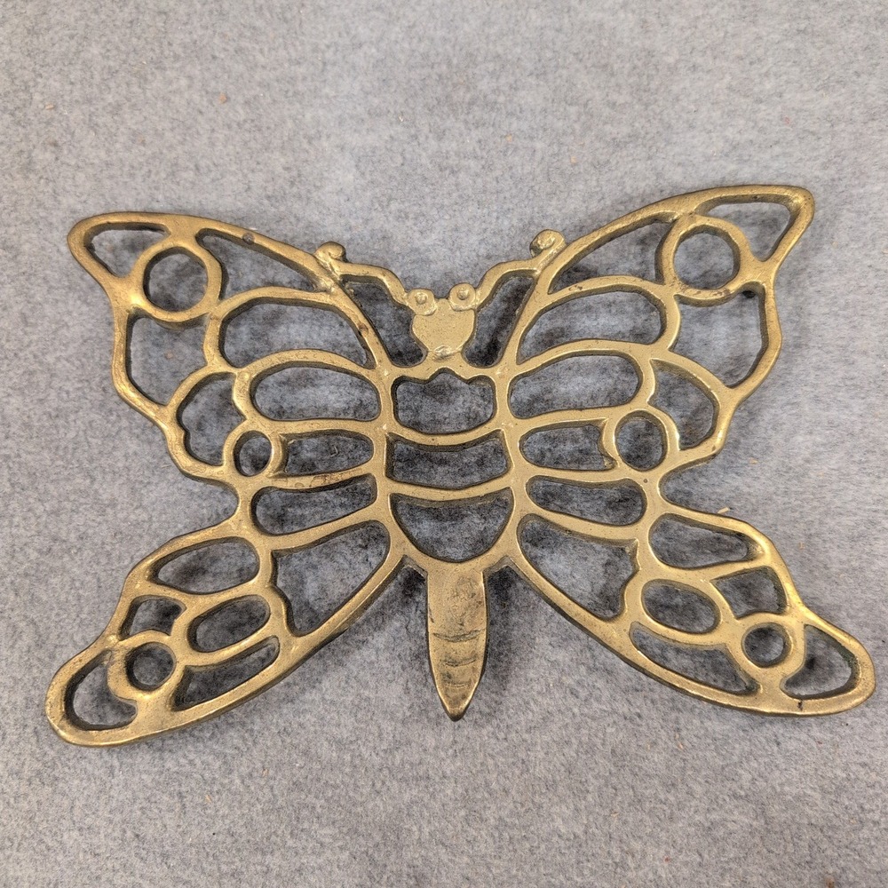 Vintage Solid Brass Butterfly Trivet Decorative Wall Hanging Gold Tone NA311